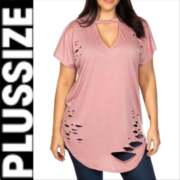 LAST 1 - PLUS SIZE CURVY MAUVE DESTROYED TEE - Picture 2 of 4